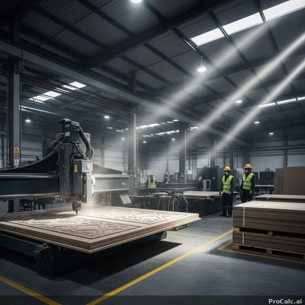 CNC router machine cutting precise cabinet shapes from a full MDF sheet in a modern manufacturing facility with LED overhead lighting