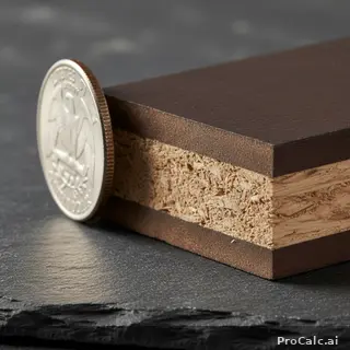 Macro cross-section of thick MDF board showing dense compressed face layers and lighter fibrous core, with US quarter for scale