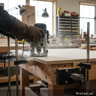 Woodworker in leather gloves using a plunge router on an MDF board clamped to sawhorses in a sunlit workshop with fine dust particles visible