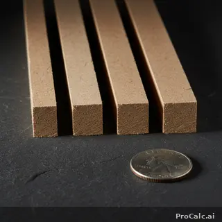Three MDF pieces of different thicknesses arranged on dark slate with US quarters between them showing size comparison