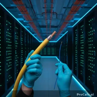 Technician in blue gloves holding thick 4/0 AWG yellow power cable and thin 10 AWG blue control wire inside an AI data center with GPU server racks