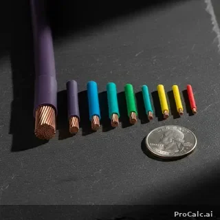 Eight copper wire cross-sections arranged by descending AWG size on dark slate with unique colored insulation from purple to red, US quarter for scale
