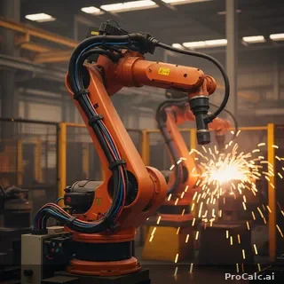 Orange industrial robot arm in automated factory with multi-gauge wire harness showing thick black power cables, blue signal wires, and red control wires with welding sparks