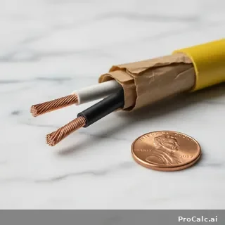 Macro close-up of 12/2 NM-B Romex cable peeled open showing black hot wire, white neutral wire, bare copper ground with kraft paper wrap, US penny for scale
