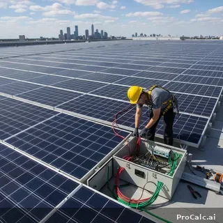 Solar technician in hard hat wiring a combiner box with red positive cables and green grounding wires on commercial rooftop with photovoltaic panels
