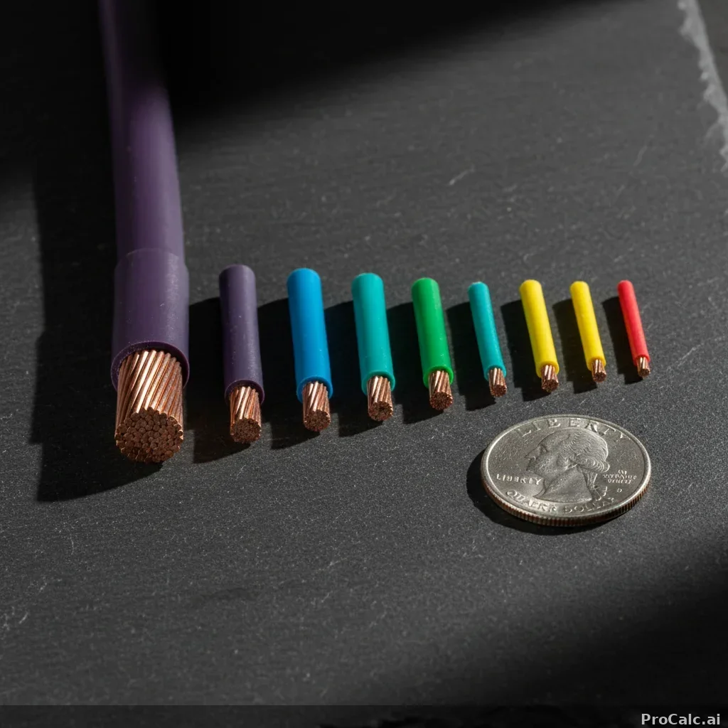 Eight copper wire cross-sections arranged by descending AWG size on dark slate with unique colored insulation from purple to red, US quarter for scale